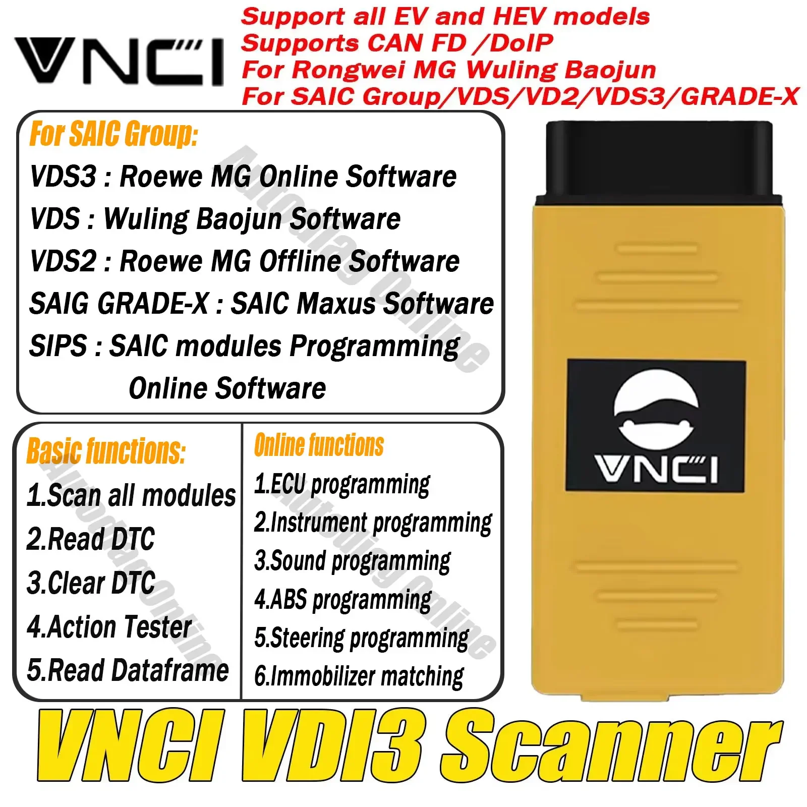 VNCI VDI3 Scanner For Rongwei MG Wuling Baojun Support DoIP CANFD for SAIC Group/VDS/VD2/VDS3/GRADE-X VDI3 OBDII Diagnostic Scan