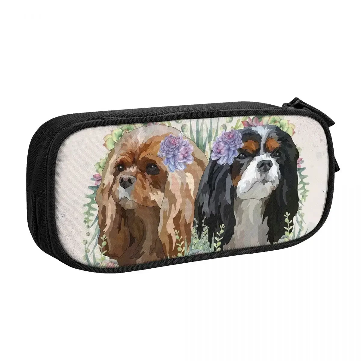 Cavalier King Spaniel With Flowers Pencil Cases for Boys Gilrs Large Storage Dog Animal Pen Box Bag School Supplies