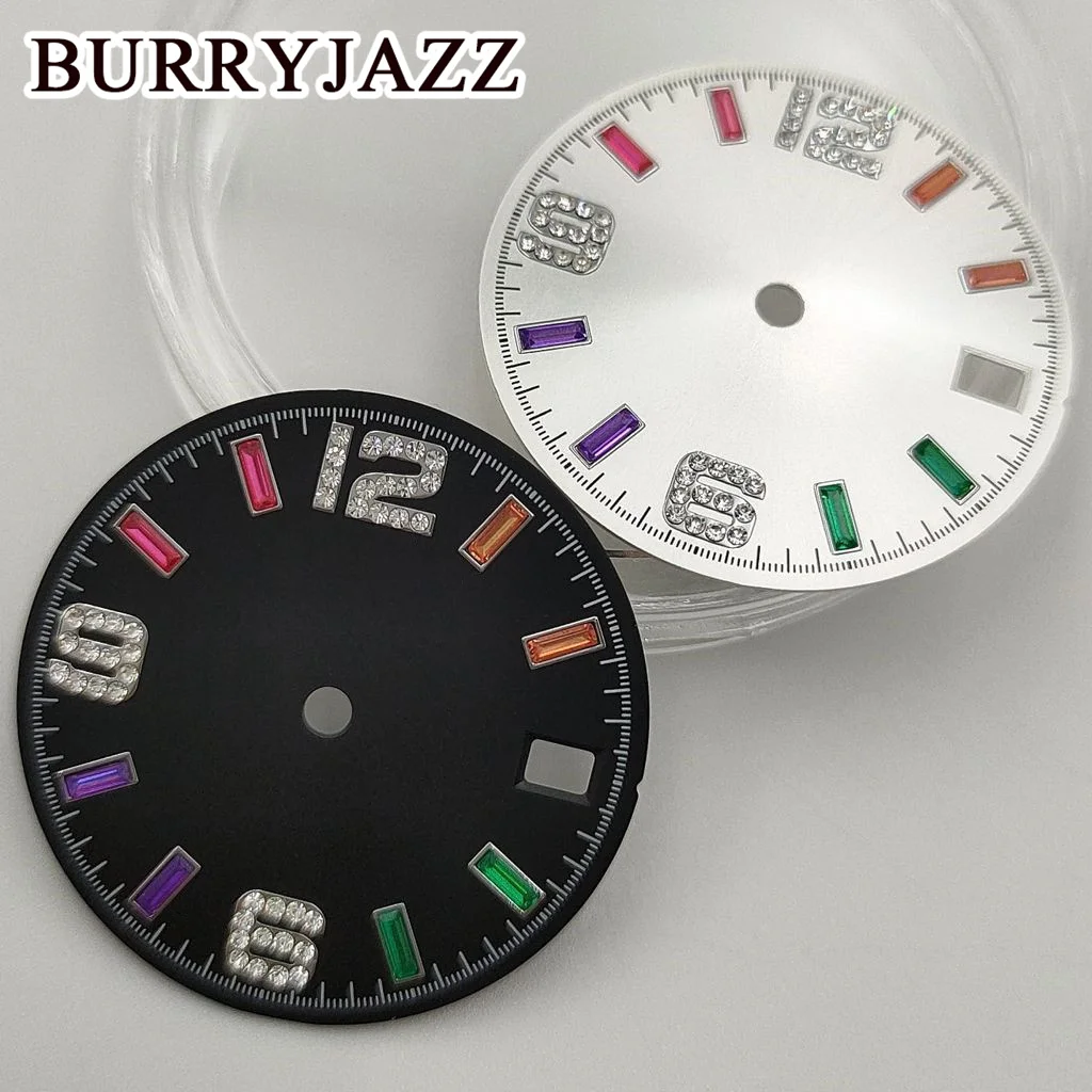 BURRYJAZZ 28.5 ملم بدون شعار NH35 قرص الساعة فضي أسود أزرق أخضر قرص مناسب 3 الساعة 3.8 ساعة تاج