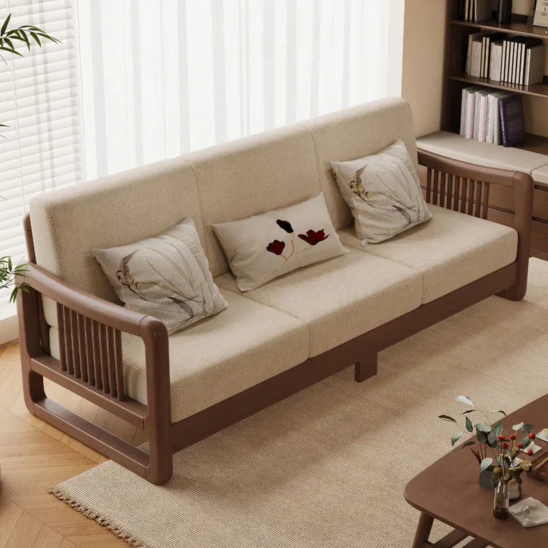 Solid wood sofa living room household small apartment new Chinese style Song's aesthetic three-person bench wood fabric sofa
