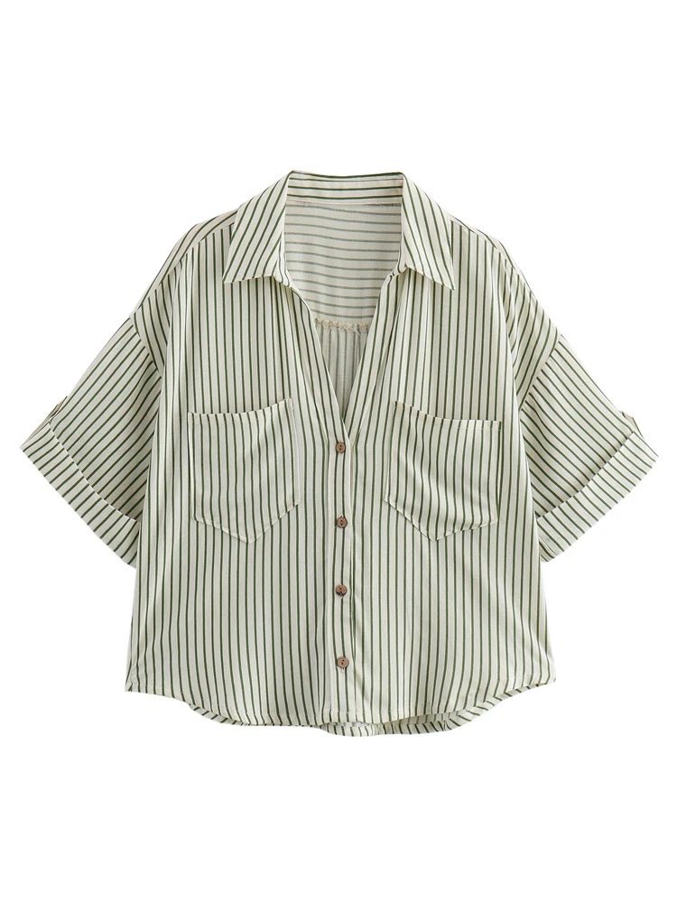 KAOPU ZA Women patch pocket stripe shirt vintage lapel-neck short sleeves button-up female blouses blusas chic tops