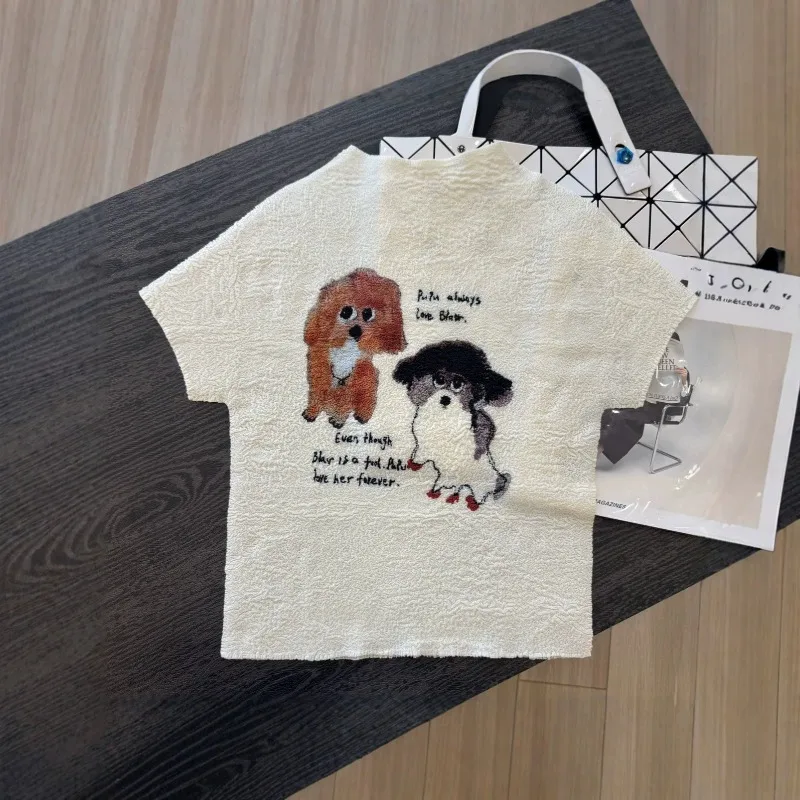 Miyake Pleated Original Short Sleeve Fashion Simple Cartoon Print Stand Collar Women's Summer Versatile Stretch Slim Fit Top