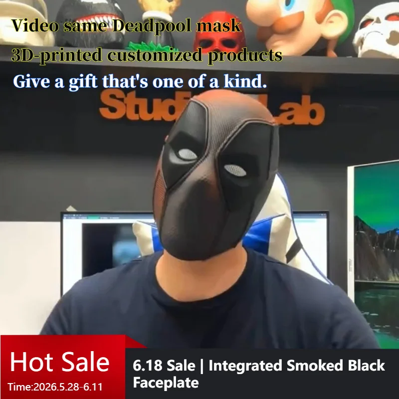 

New Marvel Deadpool Mask 3D Printed Magnetic Assembly 1:1 Scale Wearable Helmet, Integrated Smoked Black Faceplate Cosplay Prop