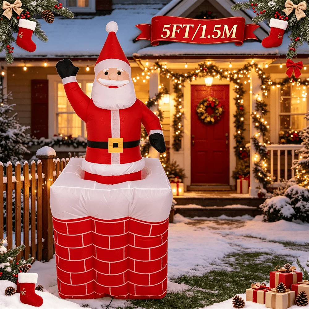 Inflatable Model Toy 5FT/1.5M Waving Santa Pop Out From Red Brick Chimney LED Light Up Winter Holiday Garden Decor