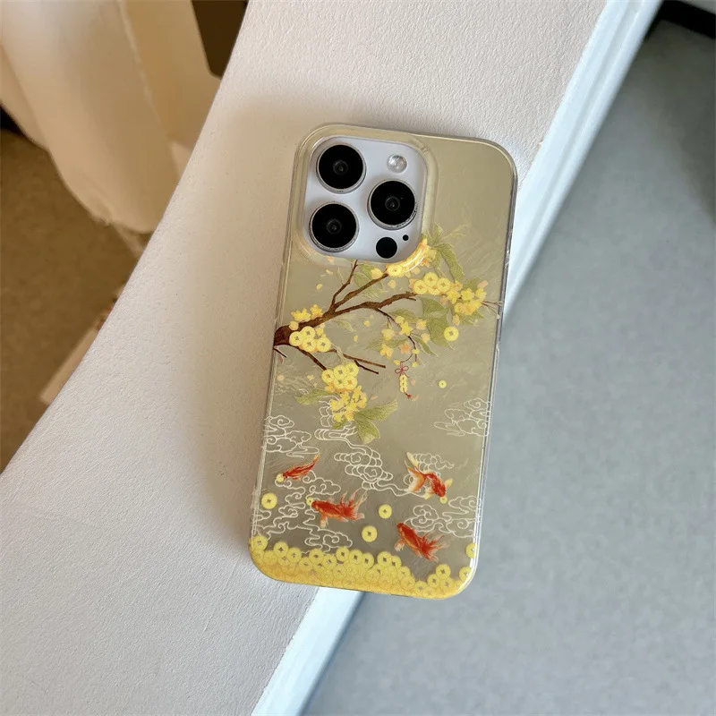 money tree goldfish lucky charm Pendant Phone case For iPhone 16 15 14 13 Pro Max Case Cute Luxury Chinese style Cartoon Cover
