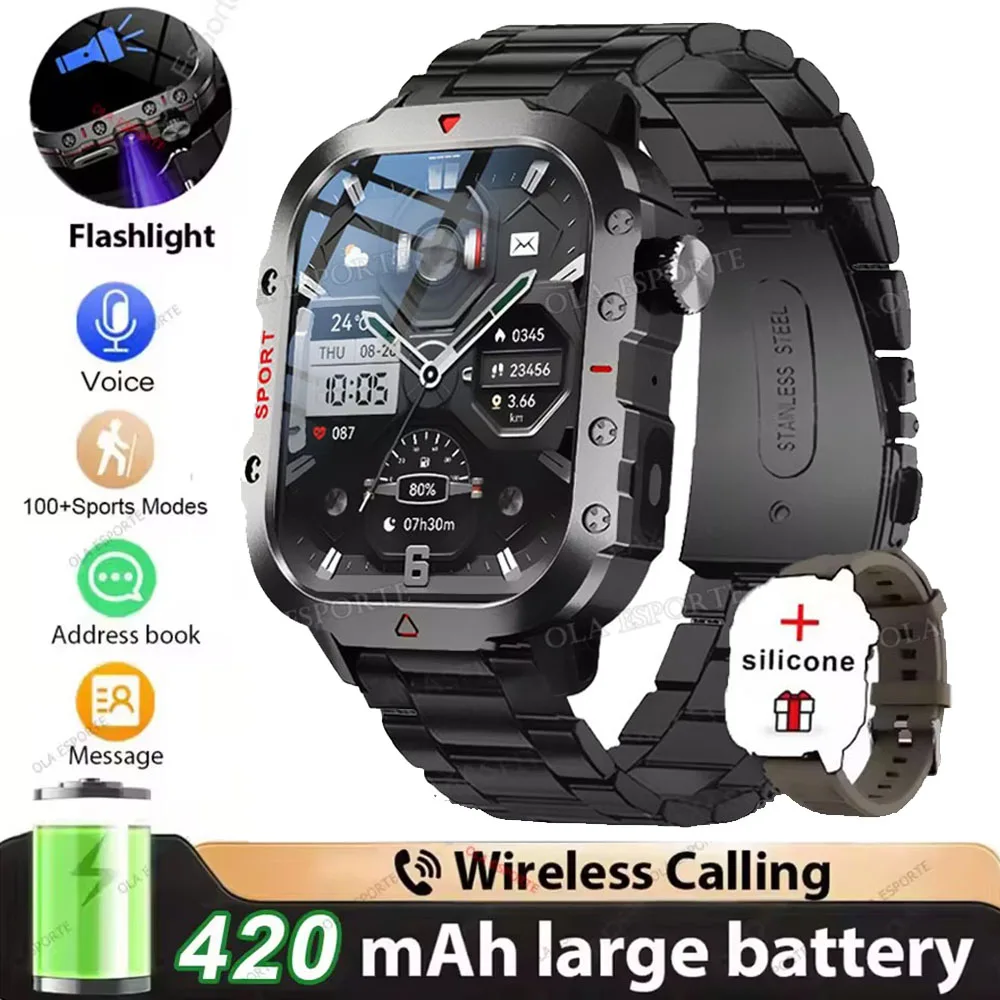 2026 Nieuwe Militaire kwaliteit Smart Horloge Mannen GPS Zaklamp 3ATM Waterdicht Horloge Bluetooth Oproep 100 + Sport Outdoor Smartwatch Pk MA27