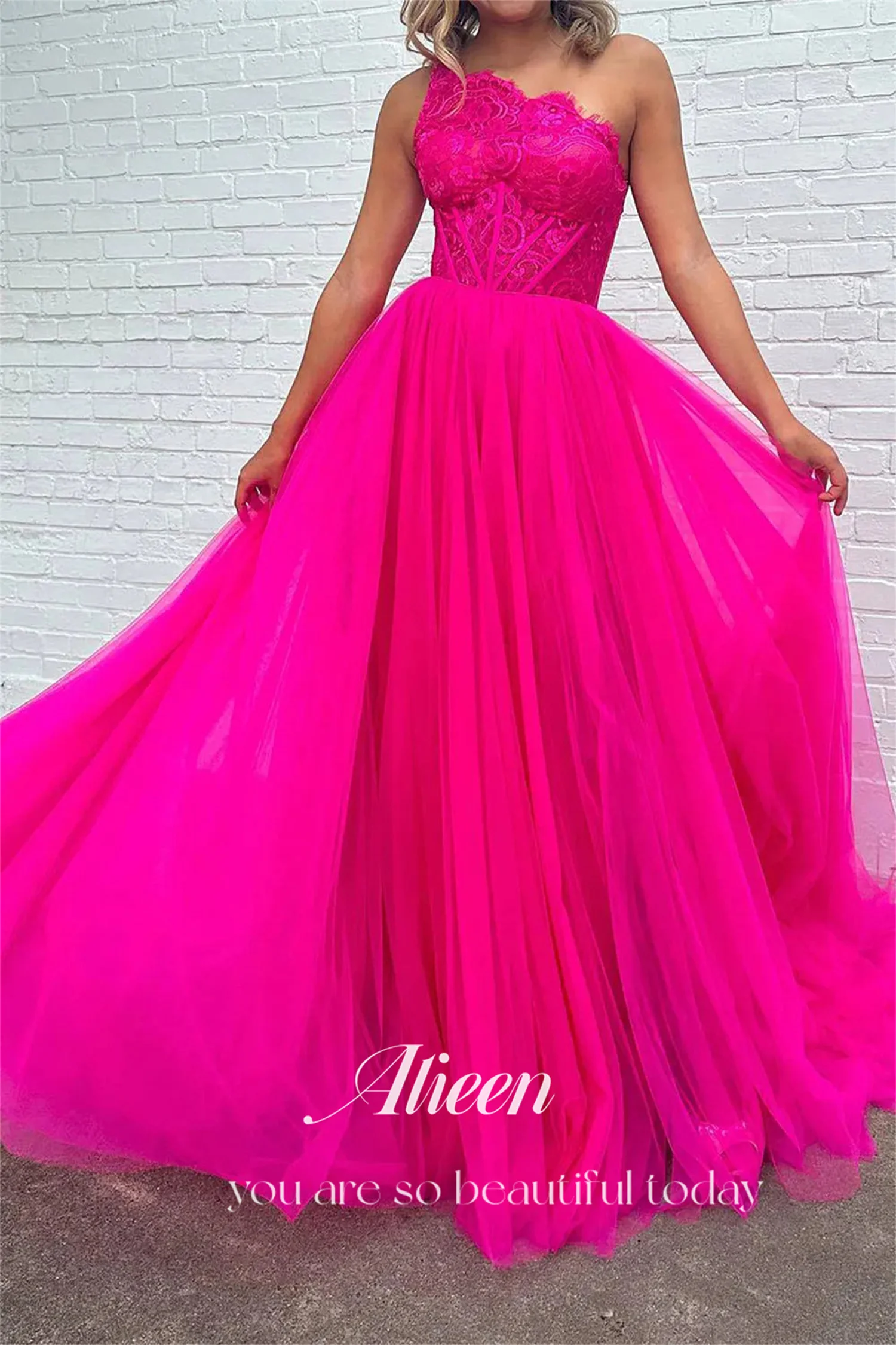 Vestidos de renda Aileen-A-Line para ocasiões formais, rosa vermelha, um ombro, festa de casamento, baile de formatura, luxo