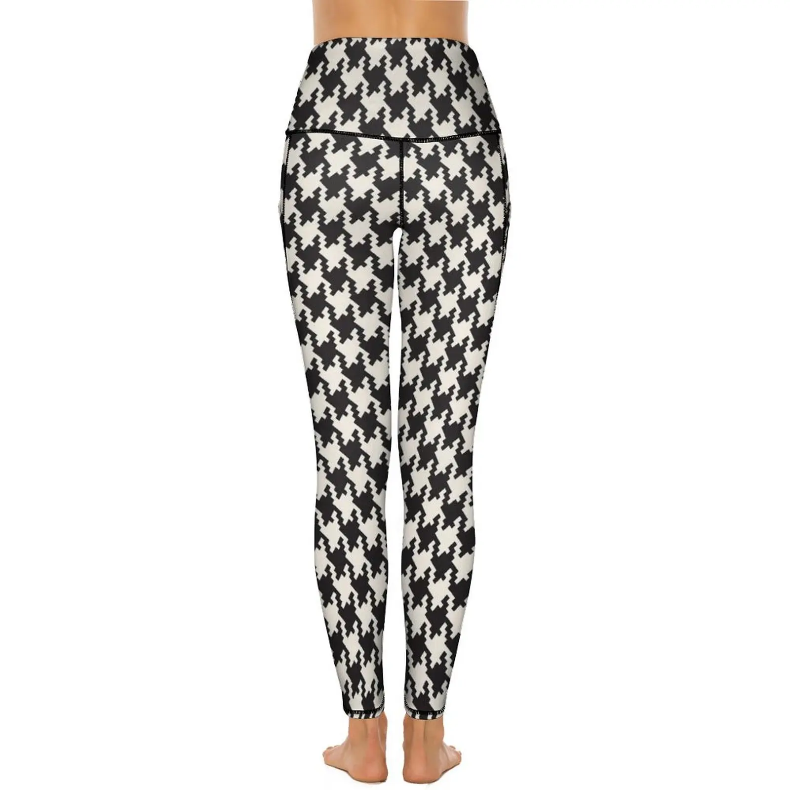 Houndstooth ตรวจสอบกางเกงขายาวสีดําและสีขาวทํางานกางเกงโยคะ Push Up Retro Leggins ยืดกราฟิกกีฬา Tights ของขวัญ