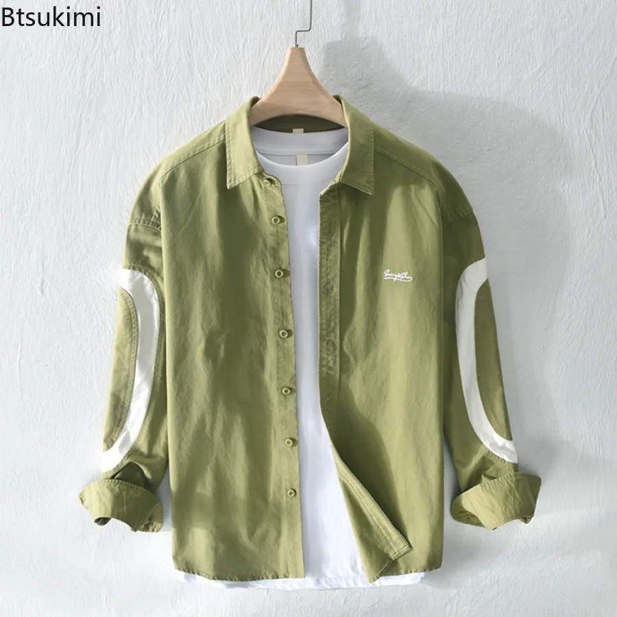 2025 Spring New Men's Long Sleeve Shirts Fashion Splice Design Lapel Button-up Casual Shirt Coat Japanese Style Street Tops Male