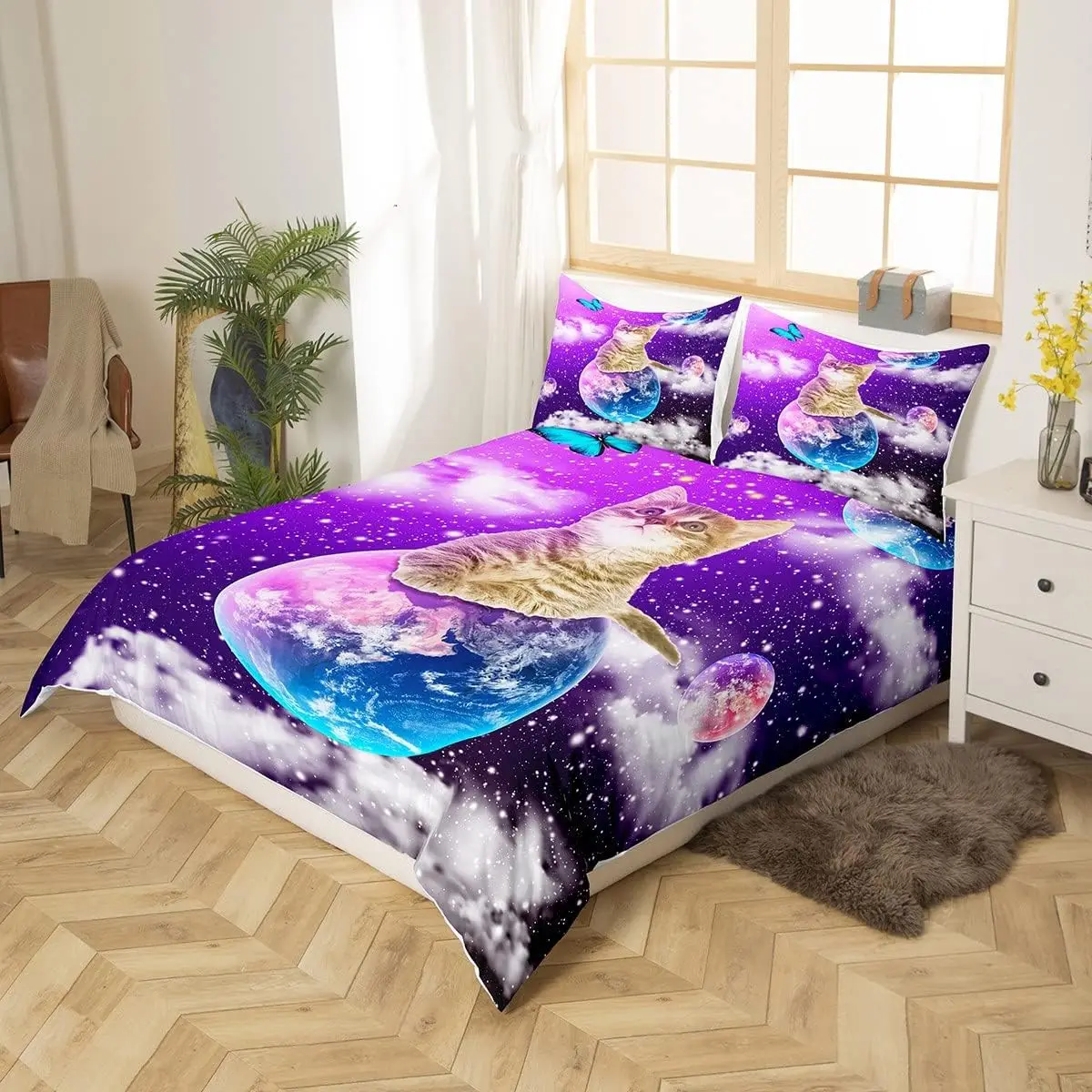 Cute Cat Bedding Set Single Size Purple Galaxy Starry Sky Duvet Cover Set 3pcs Kitten Planet Cosmic Quilt Cover Room Decor