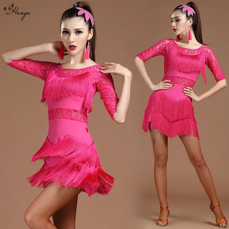 جديد الرقص اللاتينية الكبار المرأة أداء زي الدانتيل هامش قاعة الرقص فستان المنافسة الزي #4