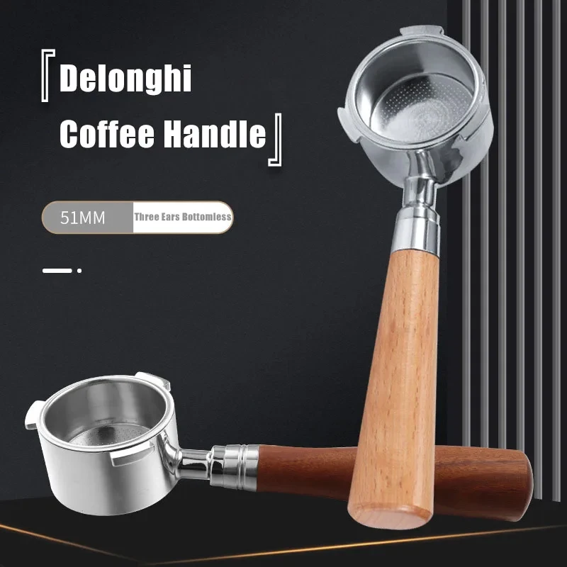 

BANLEE Stainless Steel Bottomless Coffee Portafilter, Espresso Tool, 3 Ears, Solid Wood Handle, 51mm for Delonghi