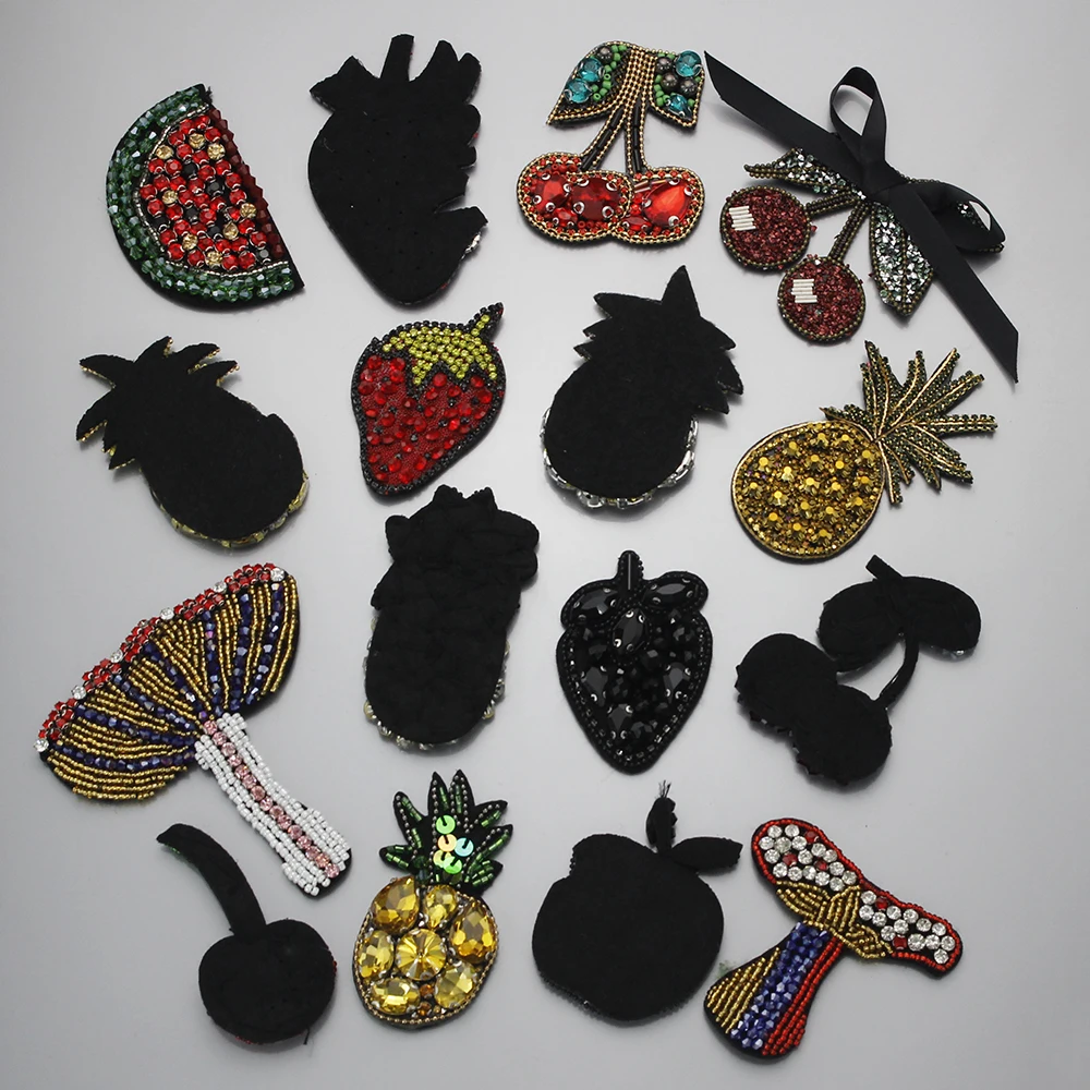 3D Handmade Rhineston beaded Patches fruit pineapple strawberry Sew on sequined patch for clothing beading Applique cool patch