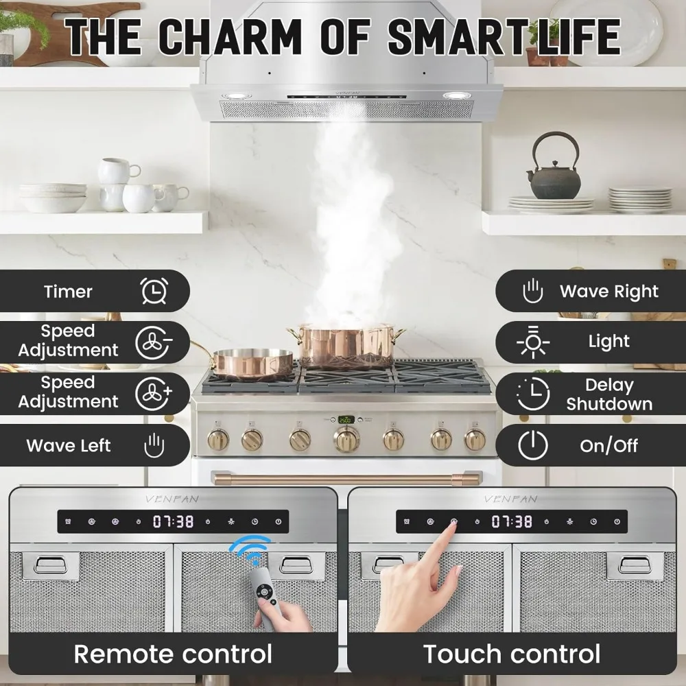 Range Hood Insert 30 Inch, 600 CFM, Ducted/Ductless Convertible Vent Hood, 4 Speed, Gesture Sensing&Touch Control Panel