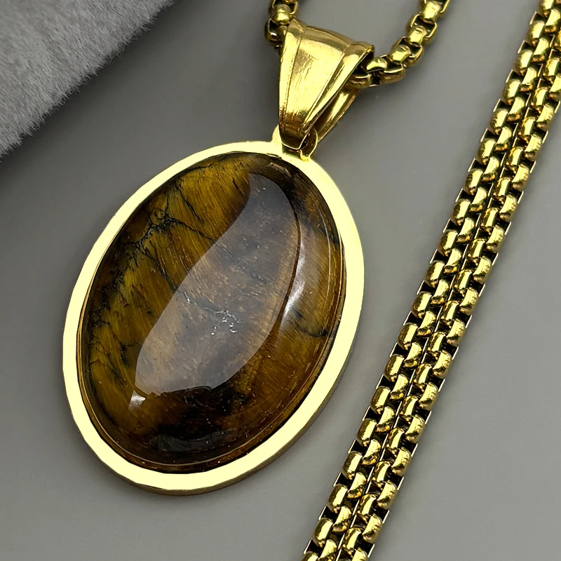 Tiger Eye Stone Oval Shape Chain Women Girls Stainless Steel 2025 Trend Female Embedded Natural Stone Simple Elegance Jewelry - Image 3