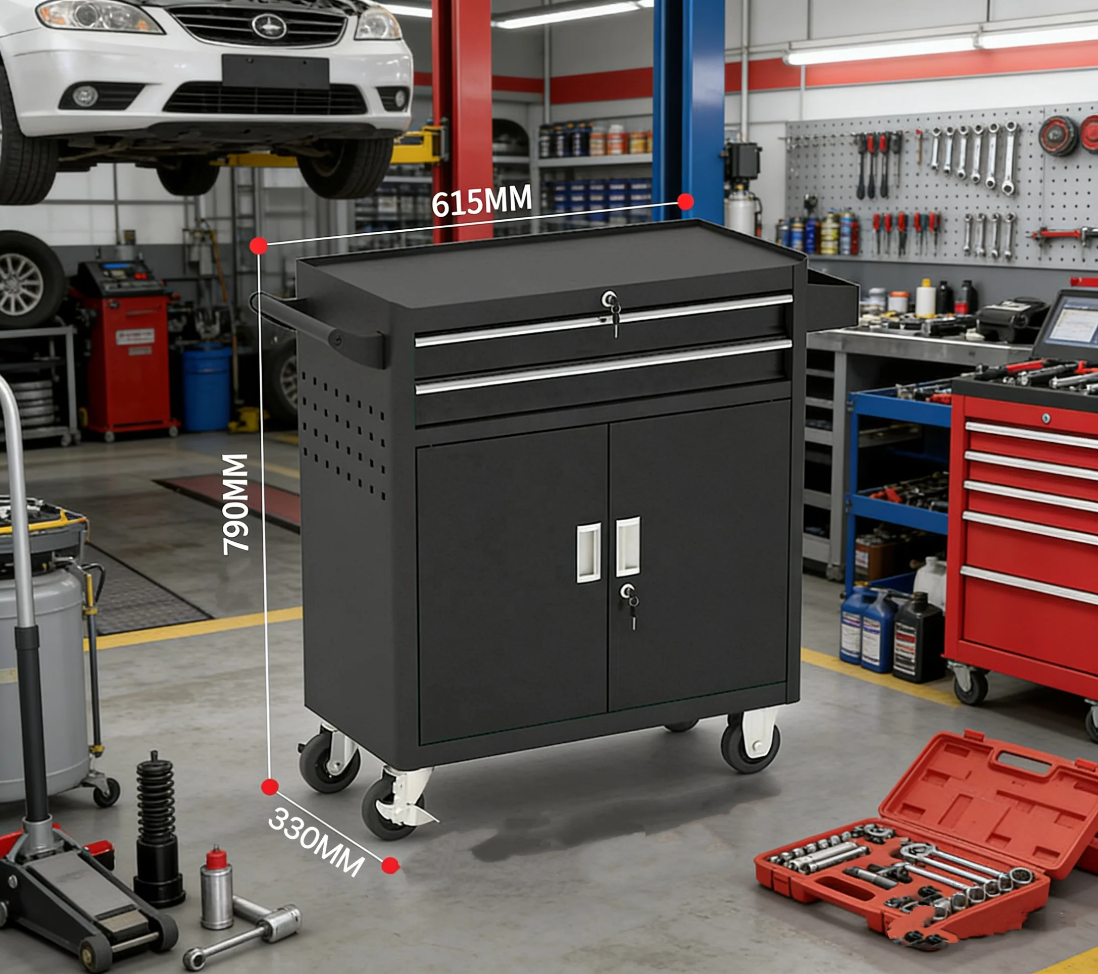 

Heavy-Duty Metal Workshop Tool Cart Two Upper Drawers Double-Door Lower Cabinet Modern Fixed Swivel Casters Customizable