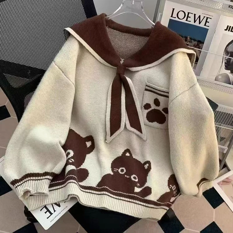 2 Colors Korean Knitwears Winter Loose Kawaii Sweater Women Japanese Cutecore Sailor Collar Knitted Pullovers Harajuku  Jumpers