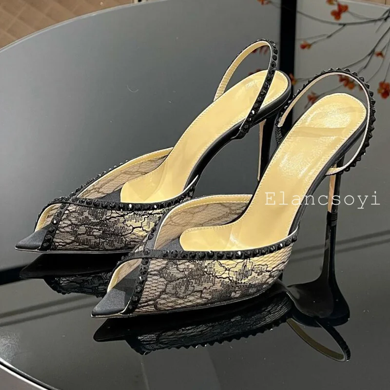 Summer Pointed Toe Exposed Toe Lace Fabric Sandals Women Shiny Crystal Decoration Back Strap Sandalias Banquet Elegant Shoes