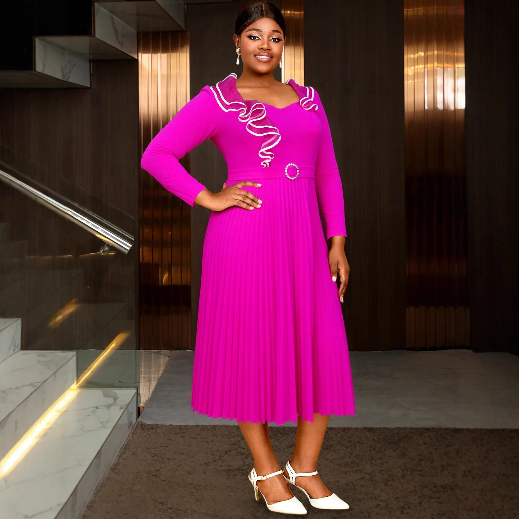 

Plus Size African Dresses for Women Dashiki Autumn African Long Sleeve V-neck Elegant Pleat Midi Dress Africa Clothing Outfits