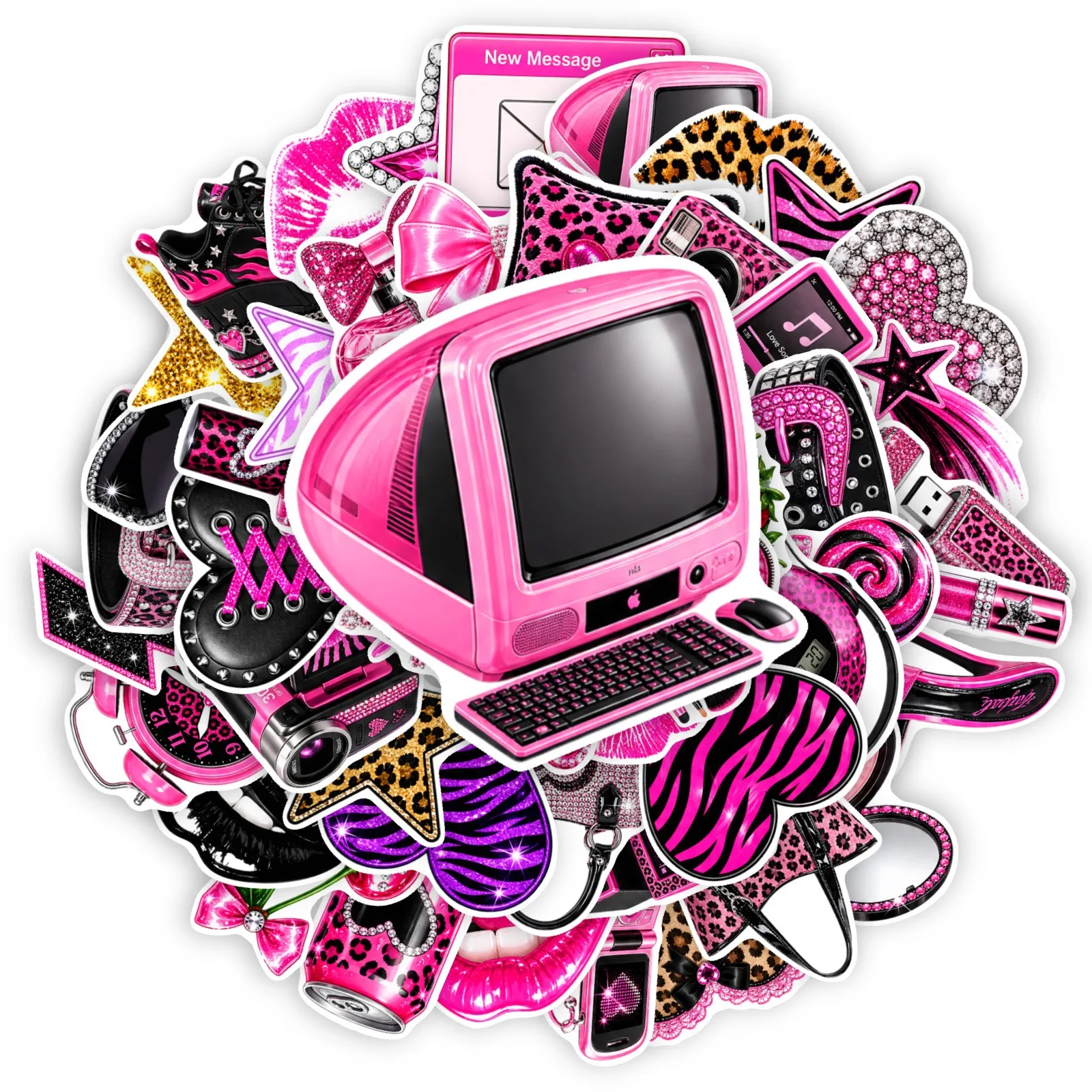 50 PCS Cool Leopard Print Hot Style Pink Personality Stickers Pack Decorate Skateboard Helmet Computer Desktop Waterproof Decals