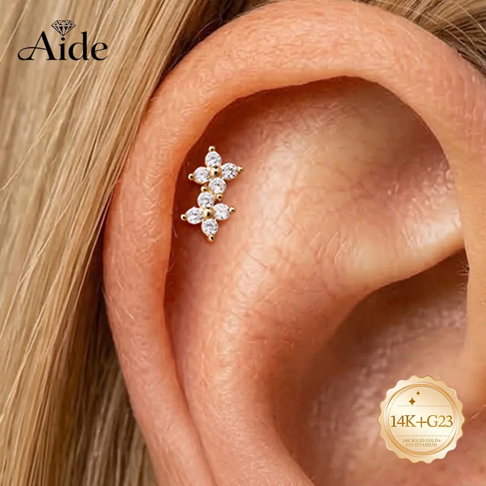 AIDE 14K Solid Gold Bingdi Flower Zircon Women's G23 Titanium Flat Back Piercing Ear Bone Nail Wedding Bridal Jewelry Gifts