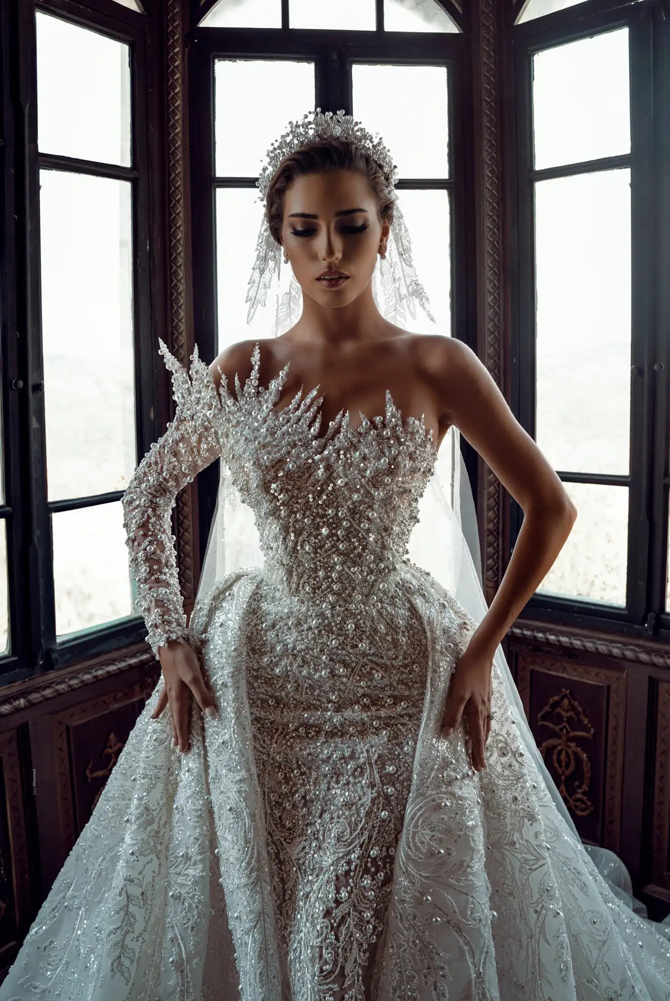 Modest Pearls Mermaid Wedding Dress One Shoulder With Detachable Train Bridal Gowns Custom Made Crystals Sequin Vestido de novia