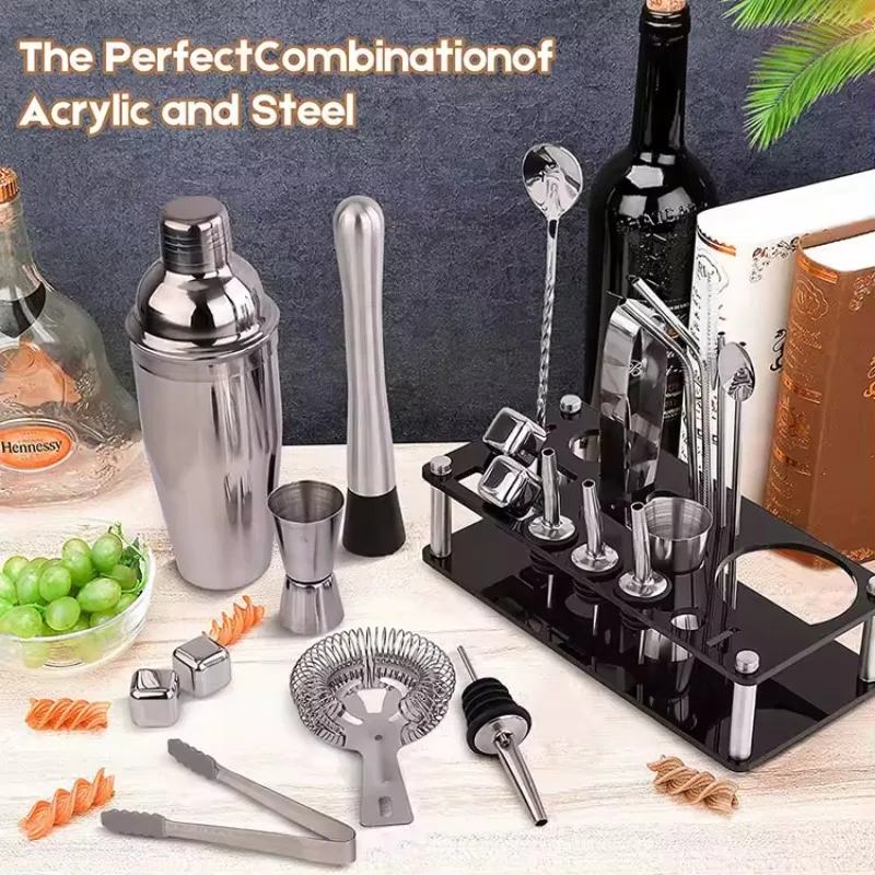 Cocktail Shaker Bottle Bar Sets Stainless Steel Bar Mixology Bartender Kit With Plastic Stand