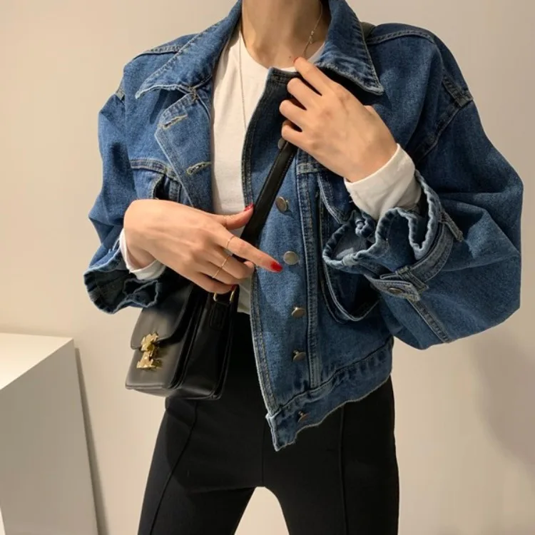 Jeans mantel Frauen Mäntel Jeans Jacken drehen Kragen voller Ärmel einreihig locker lässig elegant Herbst 2024 kurzen Punk