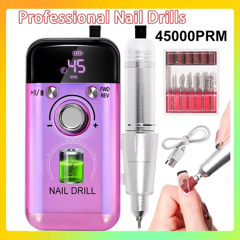 

For Gel Nails Polish Portable Nail File Manicure Tool 45000RPM Rechargeable Electric Nail Drill Machine Professional Nail Drills