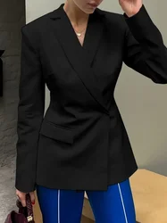 Women's Covered Button Backless Suit Elegant Long Sleeve Cut Out Slim Black Coats Female Solid Blazers Outerwear High Street