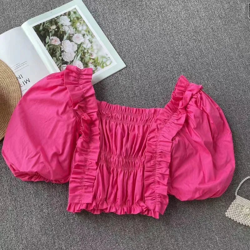 

Teenage Girls' Summer Bubble Sleeve Shirt Fashion New Style Children's Solid Color Slimming Sweet Blouse