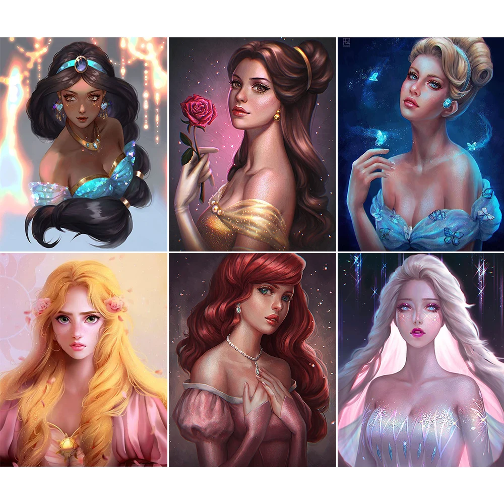 Disney Cartoon Princess Rapunzel Princess Jasmine Snow White Digital Oil Painting HD Printing Wall Cartoon Wall Art Home Decor