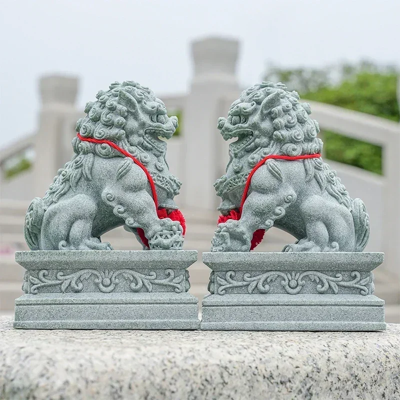Fu Foo Dog Pair Guardian Stone Lion Statues Chinese Feng Shui Decorative Figurines Home Living Room Bar Cafe Decor Desk Ornament