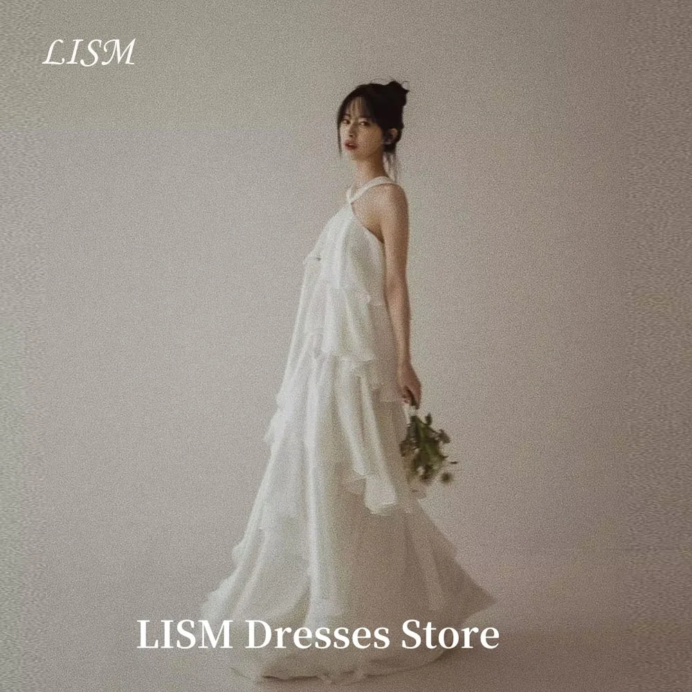 

LISM Simple A-Line Korea Wedding Dresses Photo Shoot Soft Organza Halter Floor Length Elegant Event Gowns웨딩드레스Customized Corsets