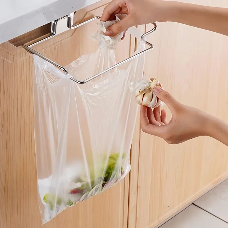 Stainless Steel Kitchen Trash Rack Cabinet Door Garbage Bags Holder Closet Garbage Storage Holder Towel Hanging Organizer