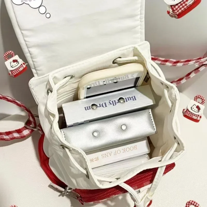  Kawaii Hello Kitty Backpack for Women Nylon Fabric School Bag with Bow Tie Pendant Portable Lightweight