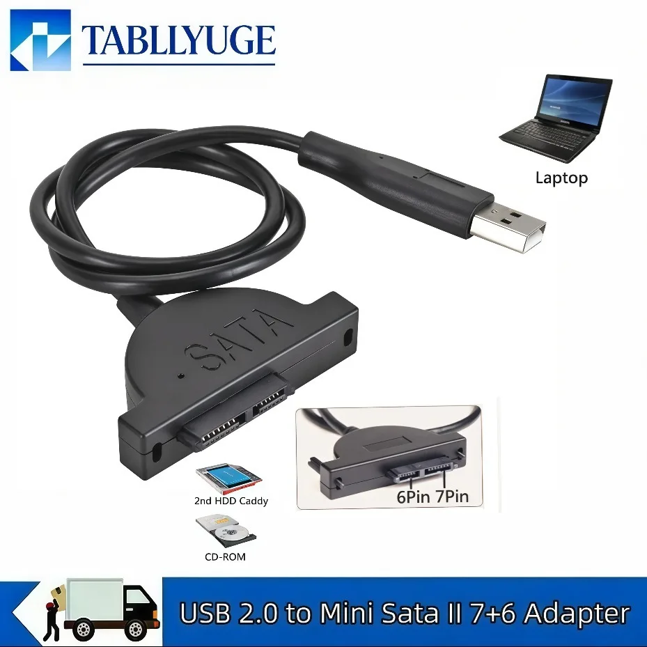 Adaptador Grwibeou USB 2.0 a Mini SATA II 7+6 de 13 Pines, Cable Convertidor para Unidad de CD/DVD ROM Slimline para Portátil con Tornillos de Fijación, 1 Pieza
