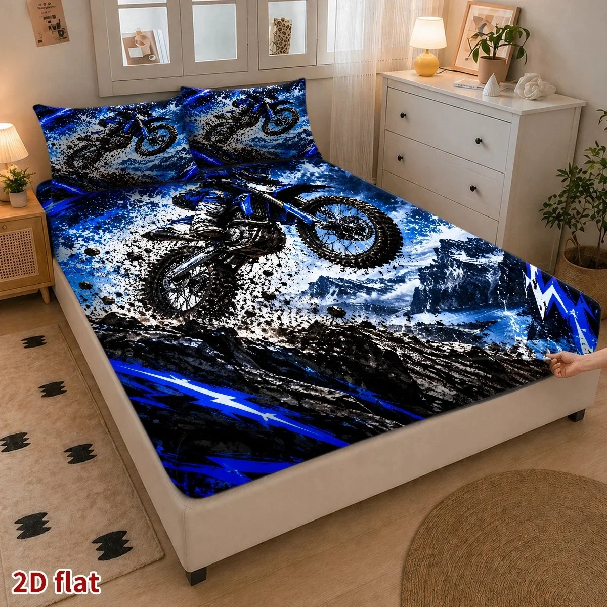 Three-Piece Fitted Sheet Set: 1 Fitted Sheet + 2 Pillowcases, Does Not Include Inner Core, Modern Lightning Storm Theme, Cyberpunk Style Printed Matte Fitted Sheet, Bedroom Printed Bed Cover, Bedding