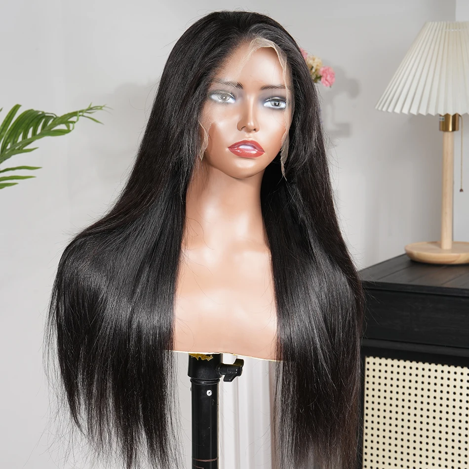 13x6 HD Lace Frontal Wigs Straight Human Hair #1B Natural Black Color 200% Preplucked Bleached Knots Vietnamese Raw Virgin Hair