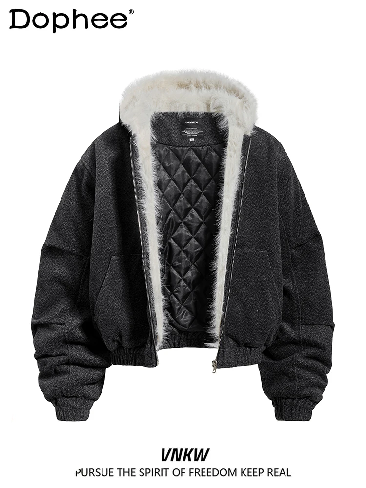 

American Retro Corduroy Fur Collar Hooded Cotton Jacket Winter Warm Padded Thickened Short Cotton Coat for Men