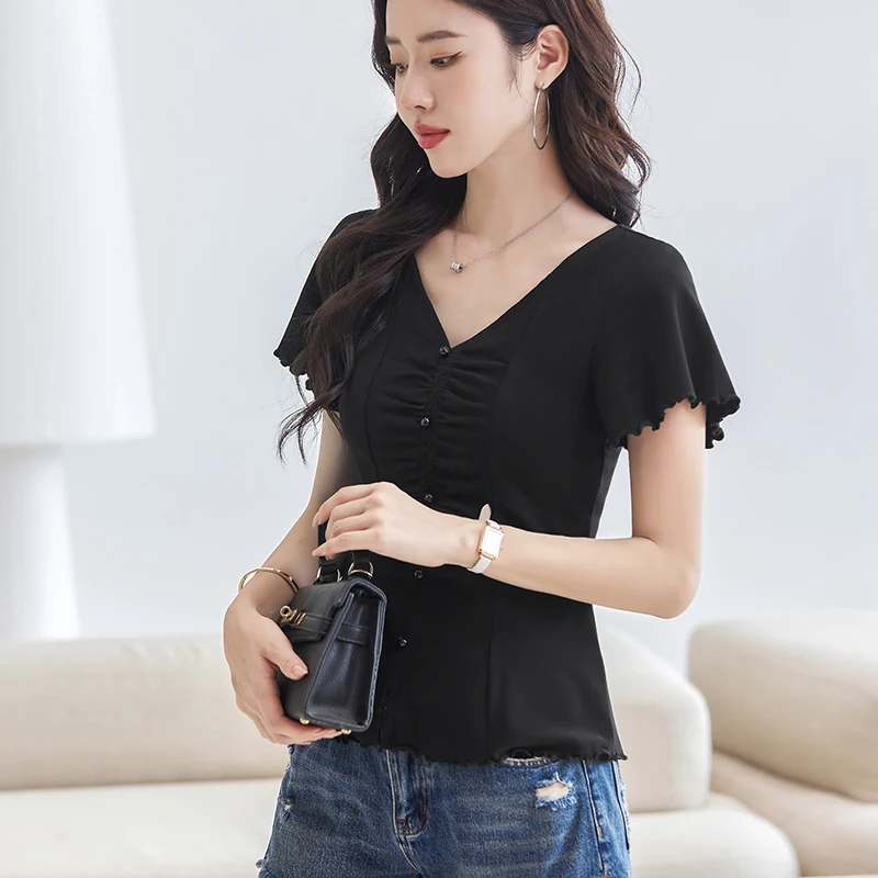 Women's Pure Color Cotton V-neck Short Sleeve T-Shirt Soft Casual Fit Comfortable Everyday Wear Solid Color Tee