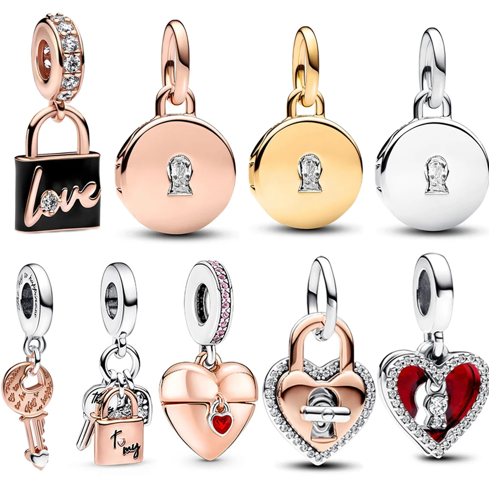 Trendy 925 Sterling Silver Love Padlock & Heart Dangle Charm Fit Original Bracelet Women Necklace Pendant DIY Jewelry