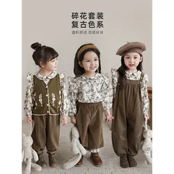 Girls' Retro Floral Shirt Pants Set Spring Autumn 2023 New Baby Cardigan Vest