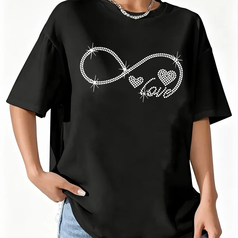 Love & Infinity Symbol Rhinestone Women's 100% Cotton T-Shirt Fun Print Short Sleeve Top Casual Round Neck Tee S-5Xl