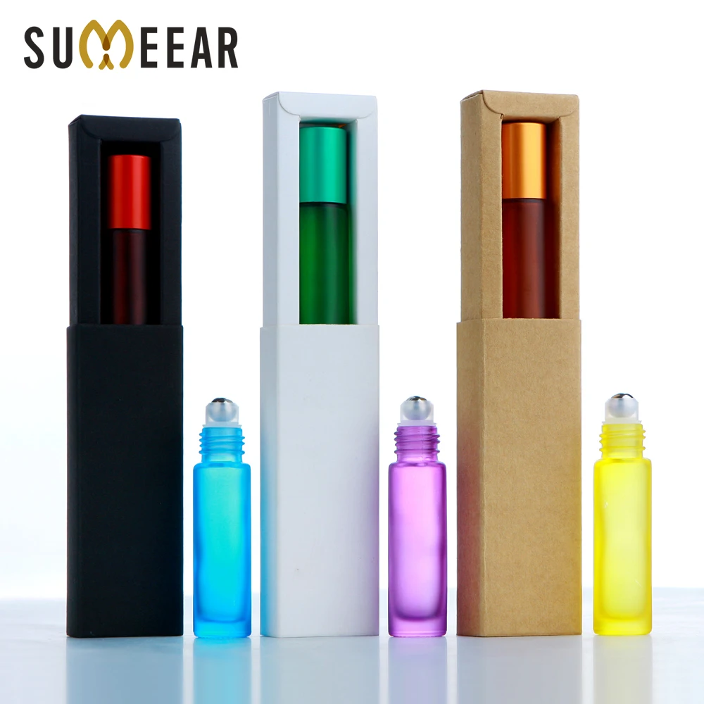 30Pcs 10ml Frosted Glass Roll On Bottles With Packaging Box Essential Oil Vials Empty Refillable Perfume Bottle Thick Glass