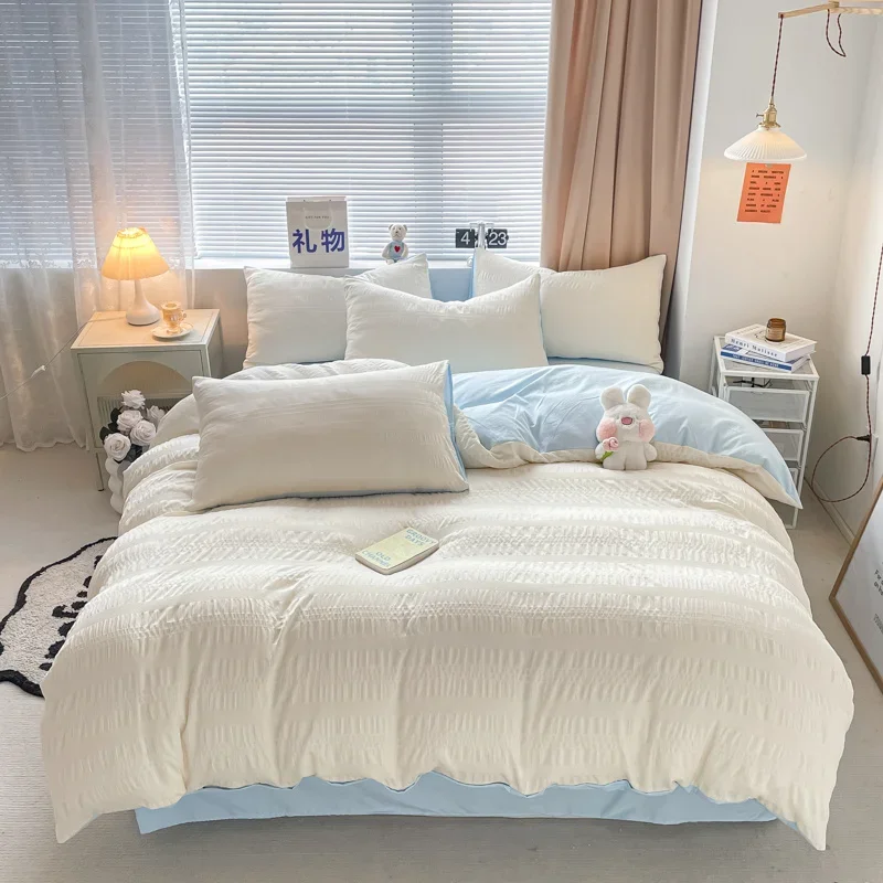 

Ins Style Seersucker Bedding Set Duvet Cover Flat Sheets Pillowcase Bed Sheet Set Soft Breathable Cover Bed Linens Set 2023 New