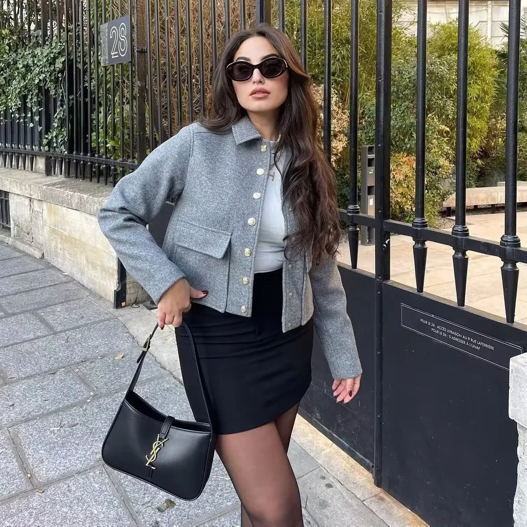 Grey Woolen Jacket Lapel Single Breated Coat Women Elegant Oblique Pocket Short Coat Autumn Ladies Restro Wool Coats Outerwear