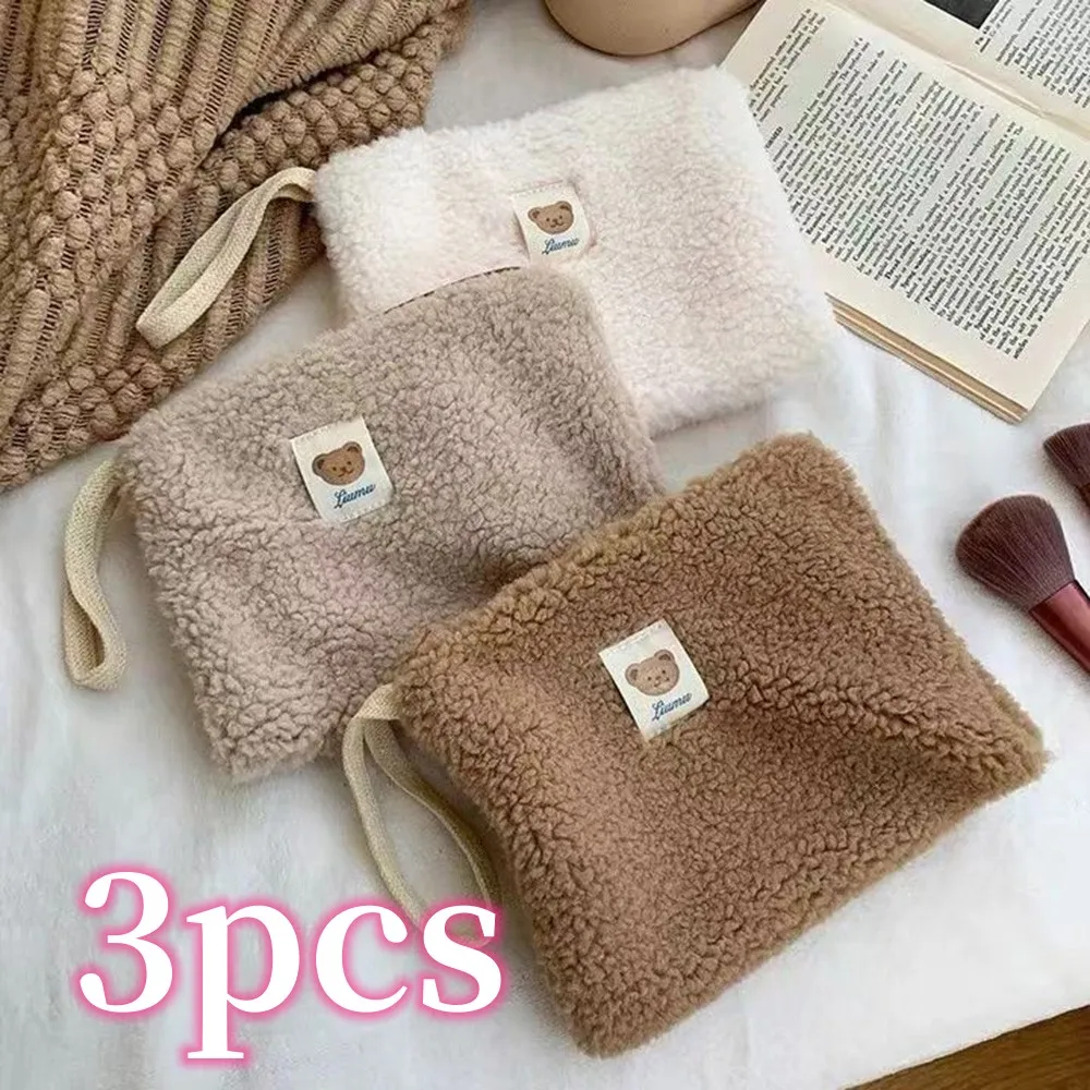 

3pcs/set Cute Plush Bear Travel Cosmetic Lipstick Storage Bag Women Makeup Kits Handbags Organizer Wallet Pencil Case Pouch Bag