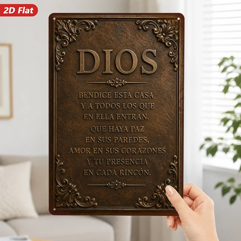 2D Flat, 1pc Faith Blessing Plaque Metal Sign Wall Art, Dios Bless This Home, Spanish Prayer Text, Home Decor,