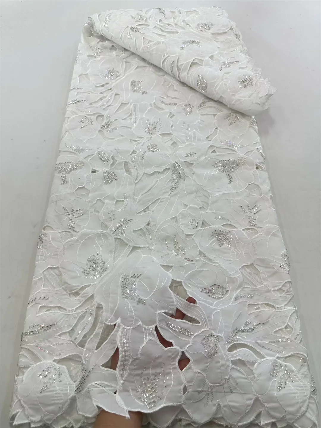 

African Nigerian High-Quality Embroidery Tulle Lace Fabric Guipure Water-Soluble Sequins for Wedding Party Dresses Sewing